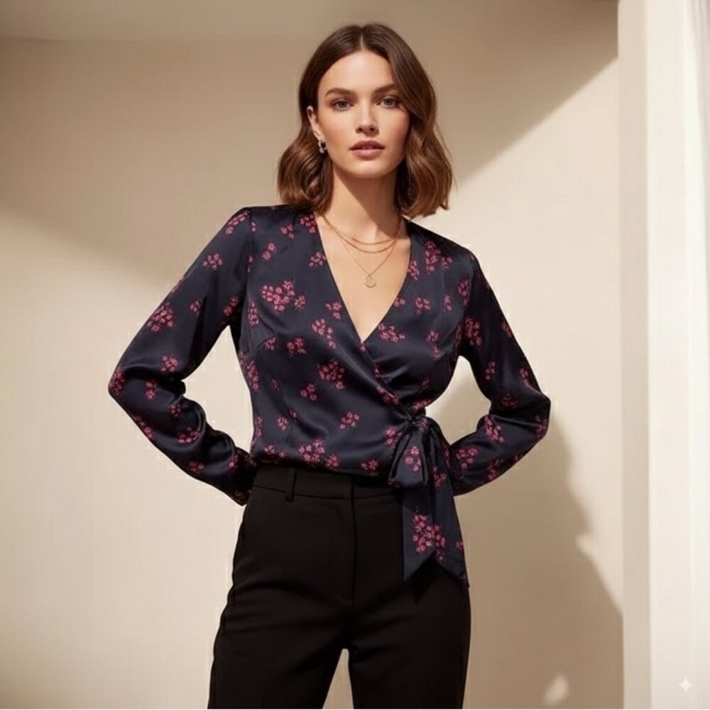 Keepsake Infinity Long SleeveWrap Blouse Top with tie Black Ditsy size S